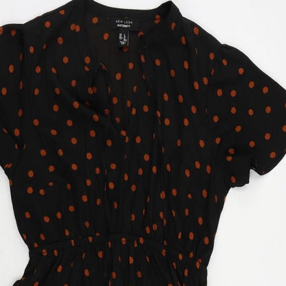 New Look Womens Black Polka Dot Polyester A-Line Size 8 V-Neck