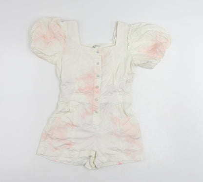 River Island Girls White Tie Dye Cotton Playsuit One-Piece Size 12 Years Button - Pockets