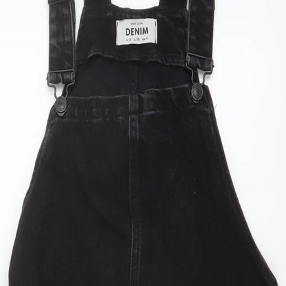 New Look Womens Black Cotton Pinafore/Dungaree Dress Size 8 Square Neck Button