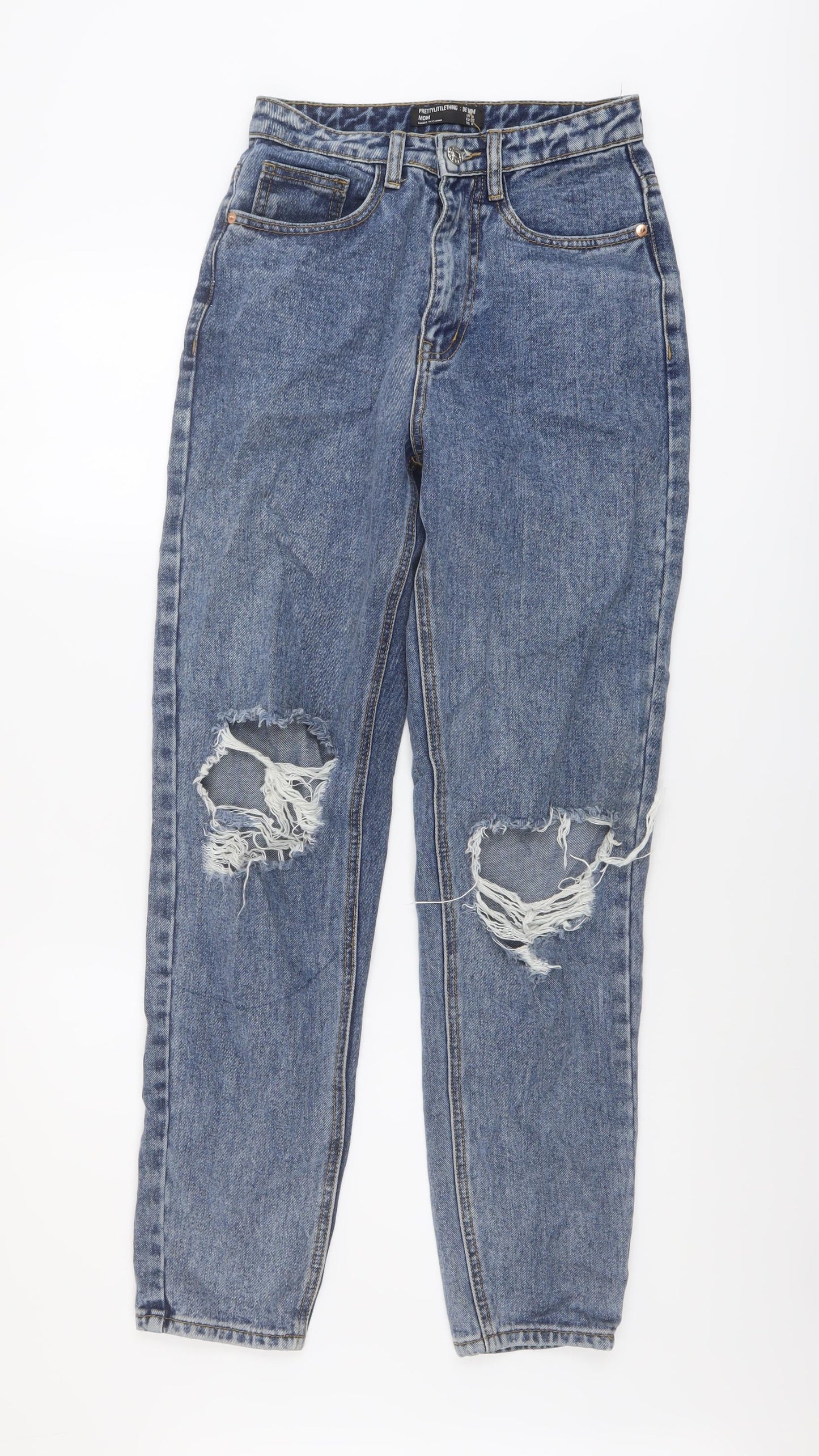 PRETTYLITTLETHING Womens Blue Cotton Mom Jeans Size 4 L30 in Regular Button