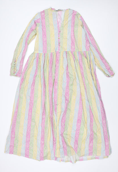 Khaadi Womens Multicoloured Striped Viscose A-Line Size 12 V-Neck Button - Geometric Print