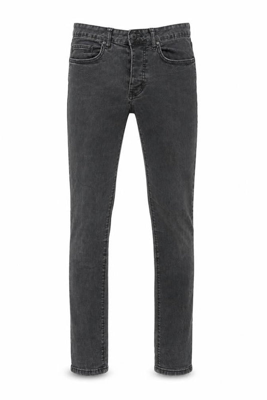Front view of Denim & Co. men’s black cotton skinny jeans, size 30, in, 34-inch leg regular button