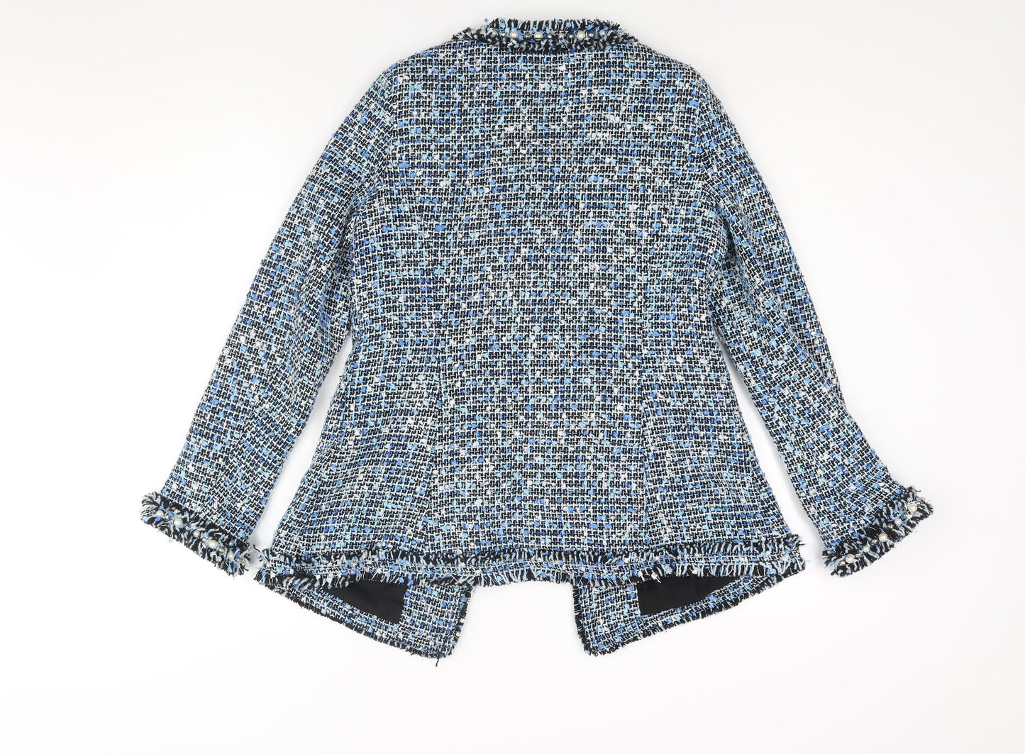Luxy Womens Blue Jacket Size M Hook & Eye - Raw Edge Pearl Detail