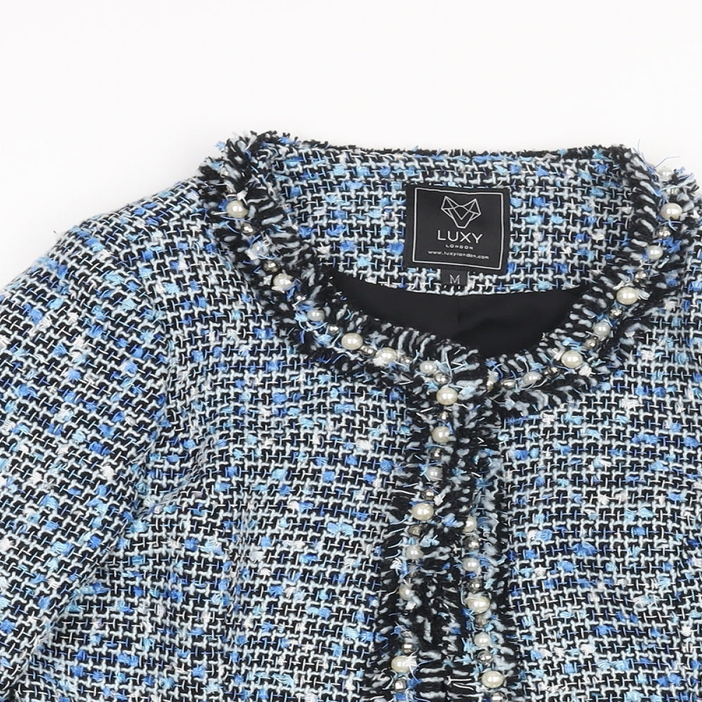 Luxy Womens Blue Jacket Size M Hook & Eye - Raw Edge Pearl Detail