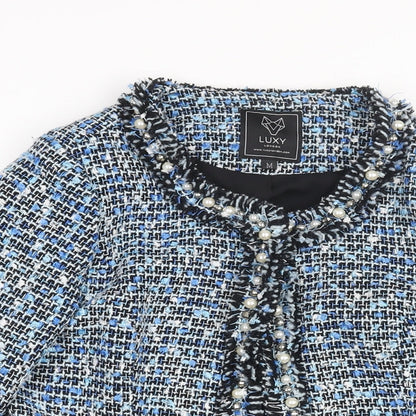 Luxy Womens Blue Jacket Size M Hook & Eye - Raw Edge Pearl Detail