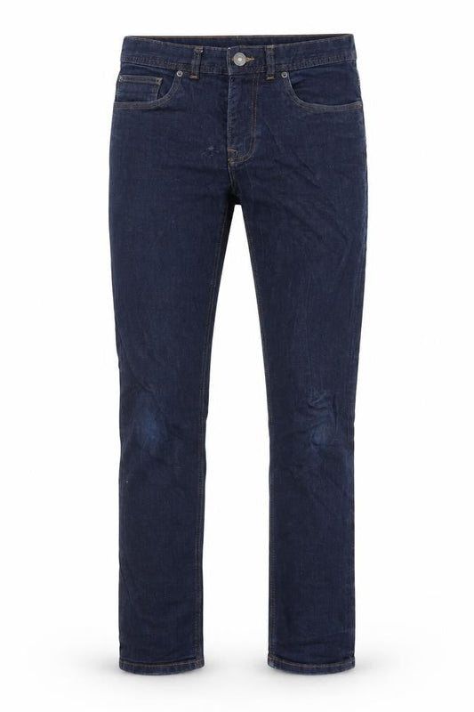 Front view of Easy men’s blue cotton straight jeans, size 30, in, 30-inch leg slim zip