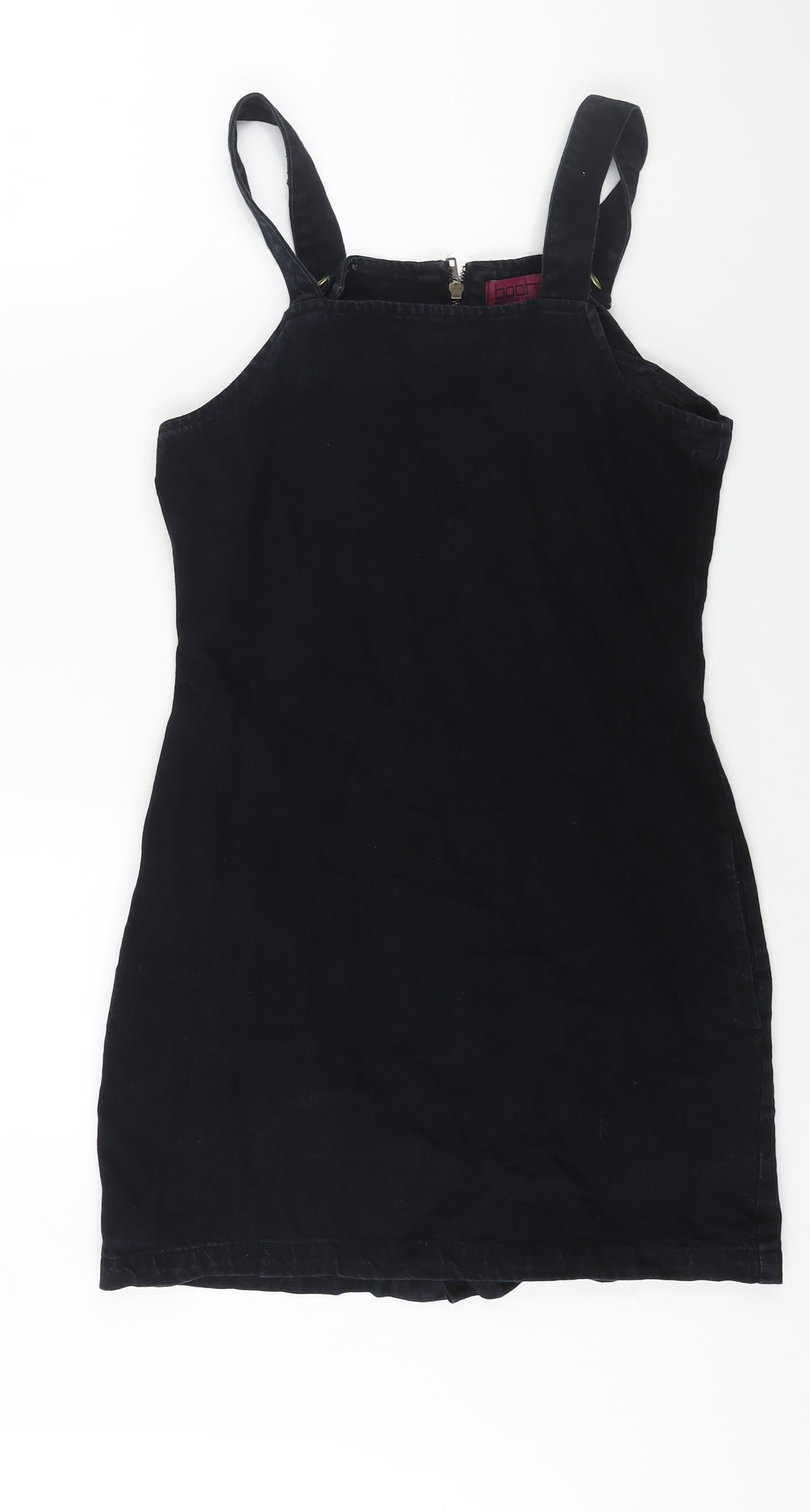 Boohoo Womens Blue Cotton Pinafore/Dungaree Dress Size 10 Square Neck Zip