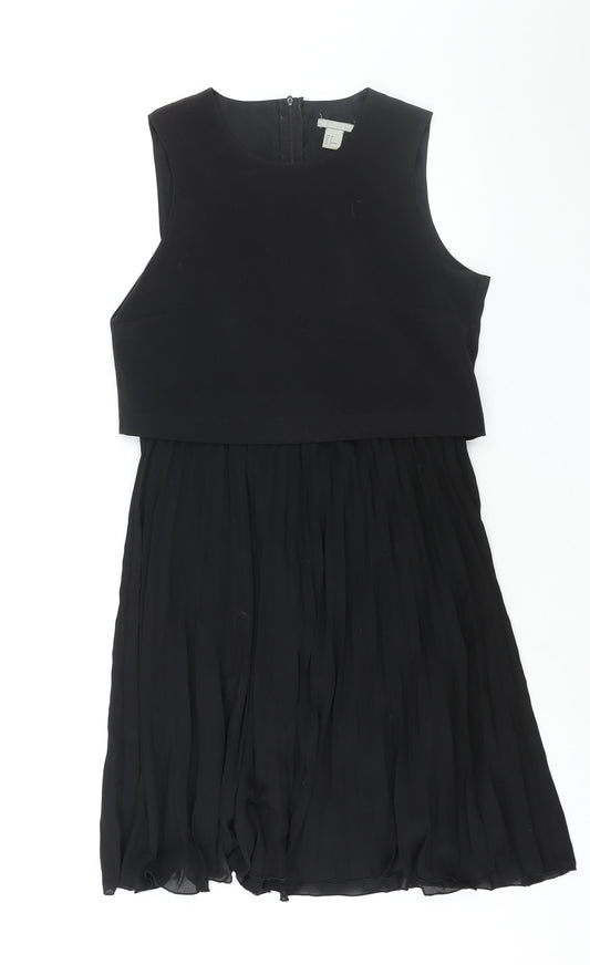 H&M Womens Black Polyester A-Line Size 10 Round Neck Zip - Pleated