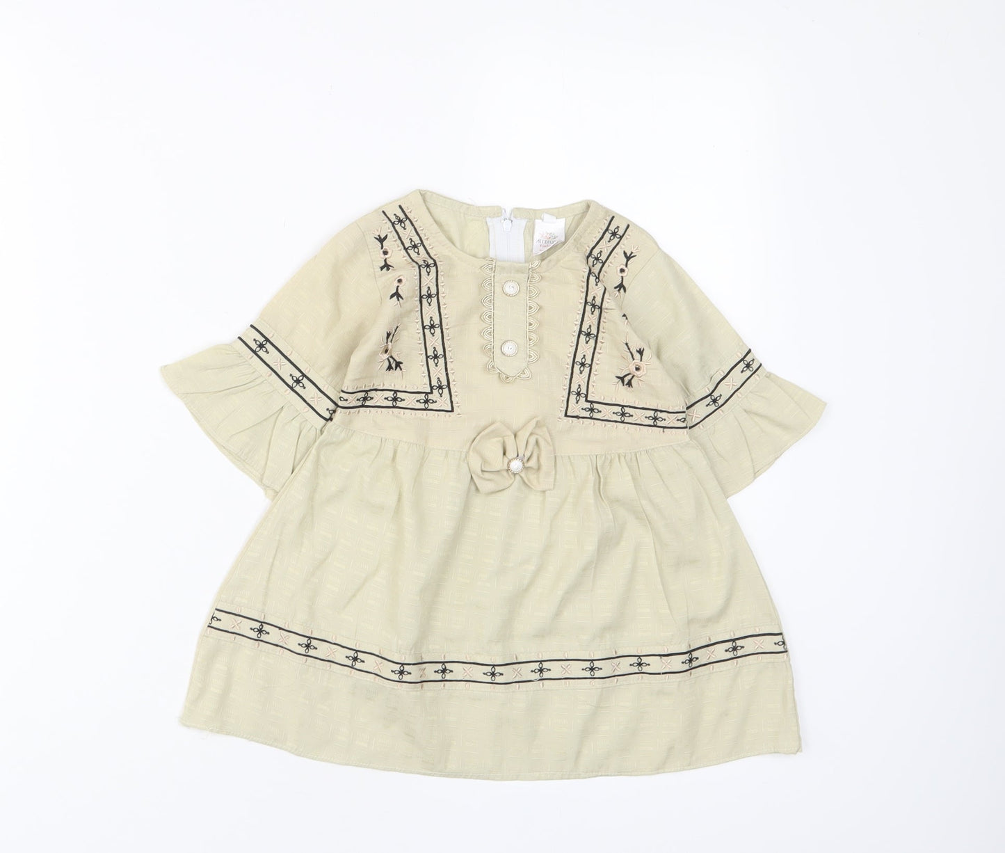 Attitude Girls Beige Fair Isle Cotton A-Line Size 18 Months Crew Neck Zip - Embroidered