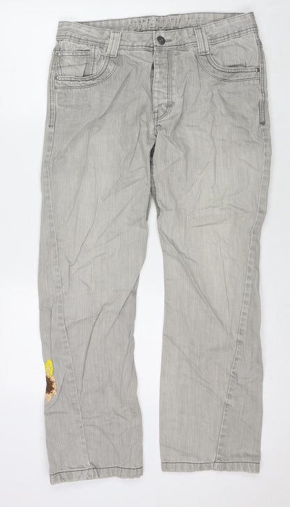 Twisted Womens Grey Cotton Straight Jeans Size 34 in L30 in Regular Zip - Embraided Flowers