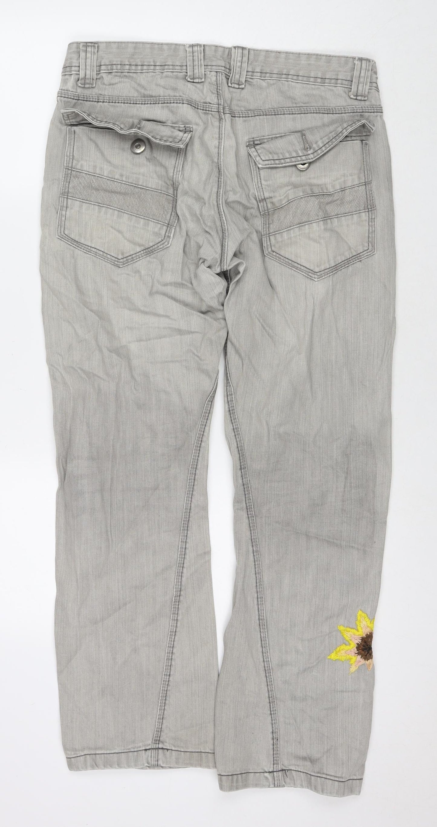 Twisted Womens Grey Cotton Straight Jeans Size 34 in L30 in Regular Zip - Embraided Flowers