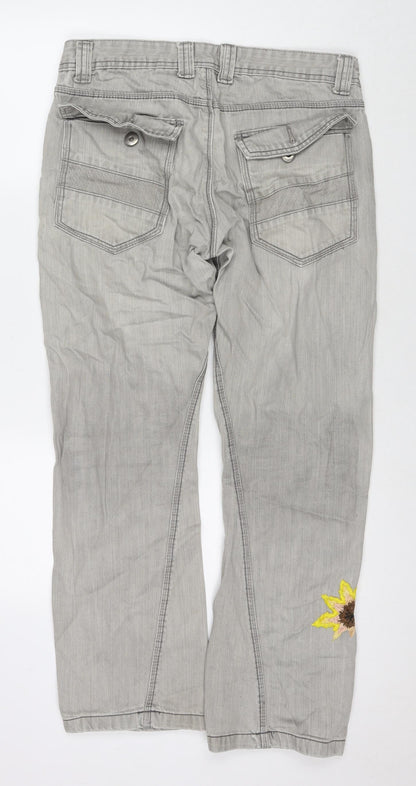 Twisted Womens Grey Cotton Straight Jeans Size 34 in L30 in Regular Zip - Embraided Flowers