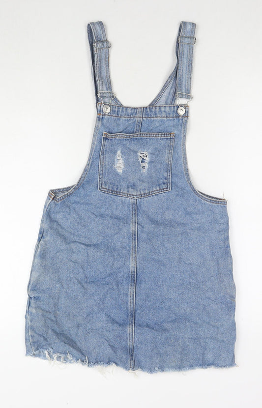 Pull&Bear Womens Blue Cotton Pinafore/Dungaree Dress Size S Square Neck Button