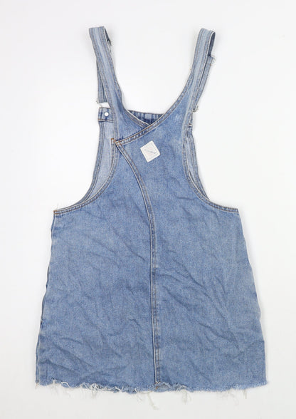 Pull&Bear Womens Blue Cotton Pinafore/Dungaree Dress Size S Square Neck Button