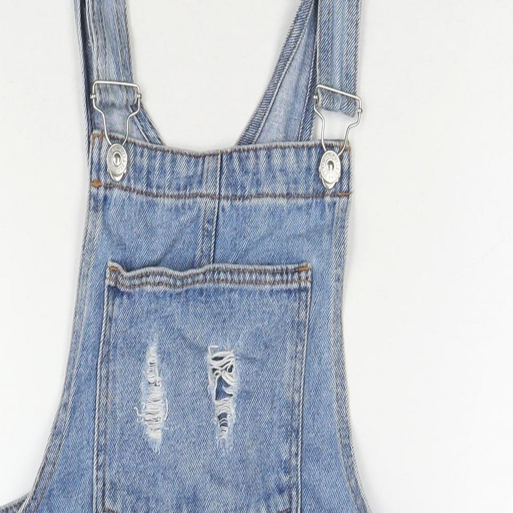 Pull&Bear Womens Blue Cotton Pinafore/Dungaree Dress Size S Square Neck Button