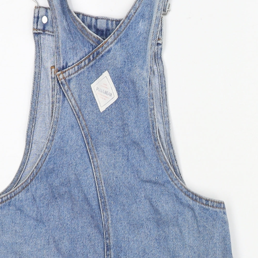 Pull&Bear Womens Blue Cotton Pinafore/Dungaree Dress Size S Square Neck Button