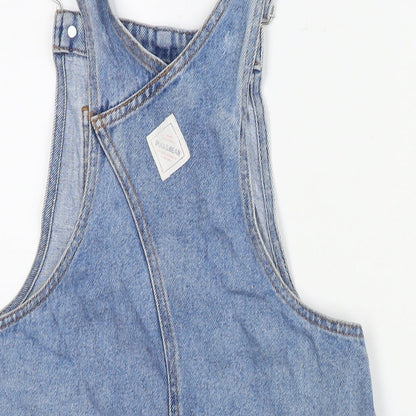 Pull&Bear Womens Blue Cotton Pinafore/Dungaree Dress Size S Square Neck Button