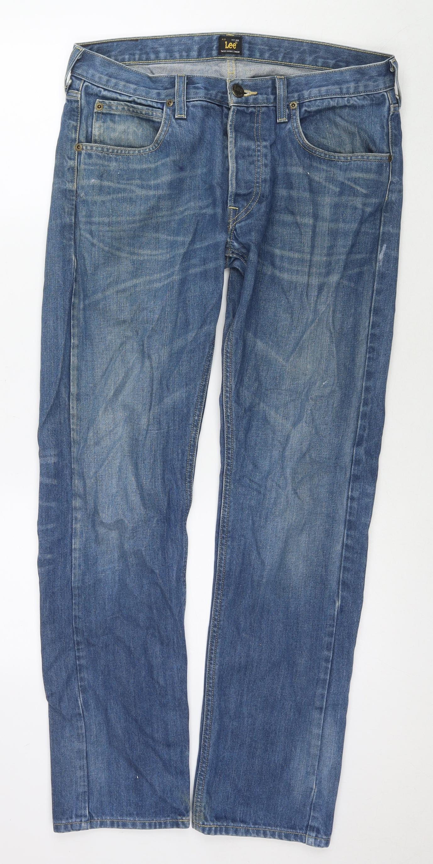 Lee Mens Blue Cotton Straight Jeans Size 32 in L32 in Regular Zip