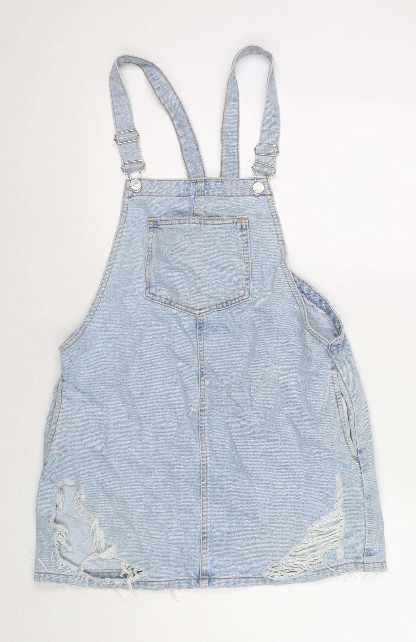 Denim & Co. Womens Blue Cotton Pinafore/Dungaree Dress Size 10 Square Neck Button - Distressed