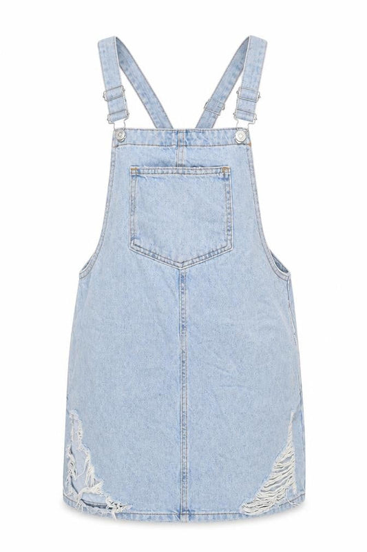 Front view of Denim & Co. women’s blue cotton pinafore/dungaree dress, size UK 10, square neck button - distressed