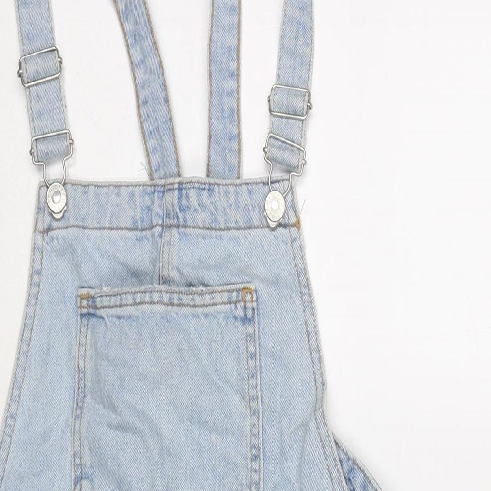 Denim & Co. Womens Blue Cotton Pinafore/Dungaree Dress Size 10 Square Neck Button - Distressed
