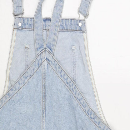 Denim & Co. Womens Blue Cotton Pinafore/Dungaree Dress Size 10 Square Neck Button - Distressed
