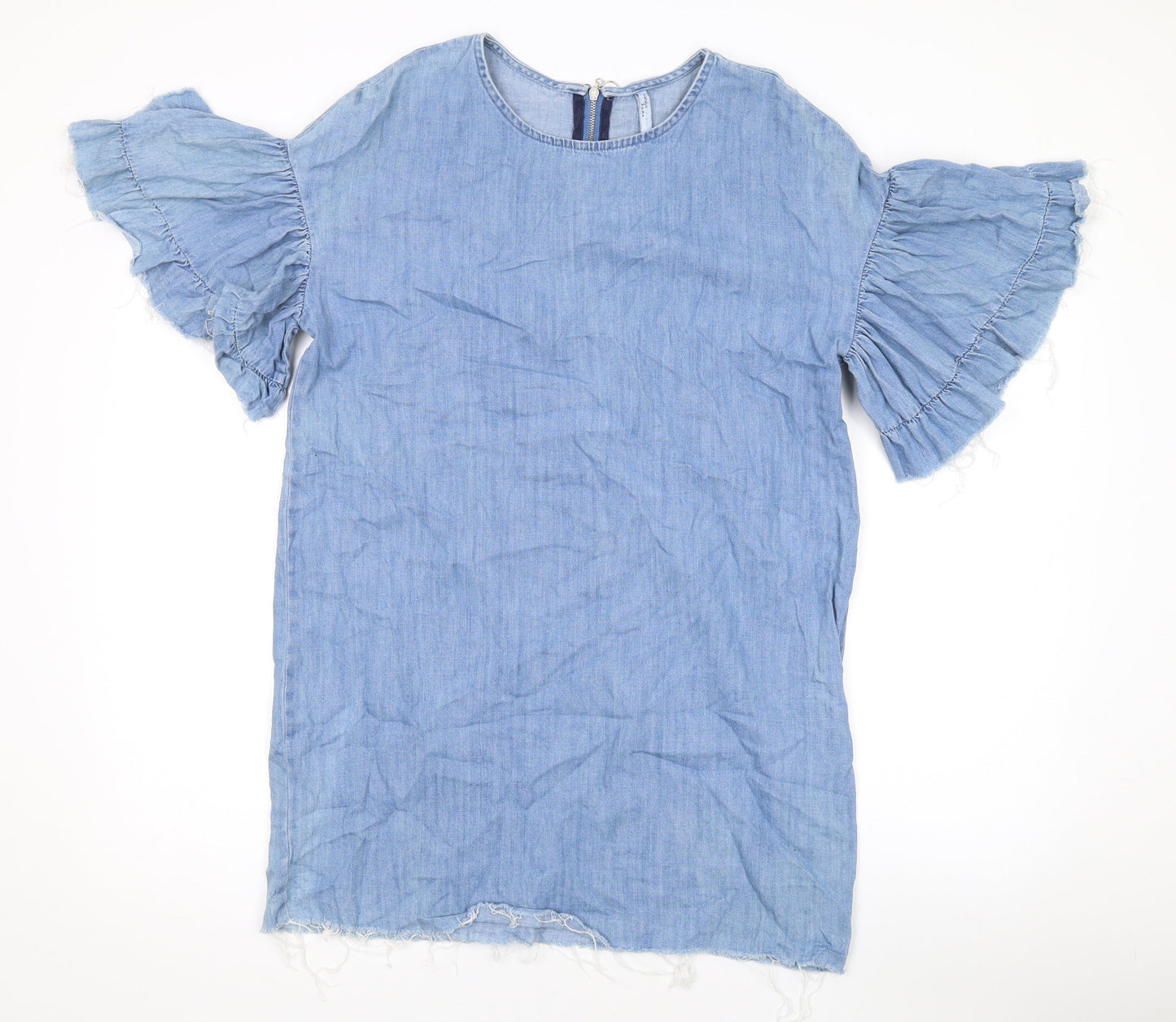 Zara Womens Blue Cotton A-Line Size M Round Neck Zip