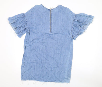 Zara Womens Blue Cotton A-Line Size M Round Neck Zip