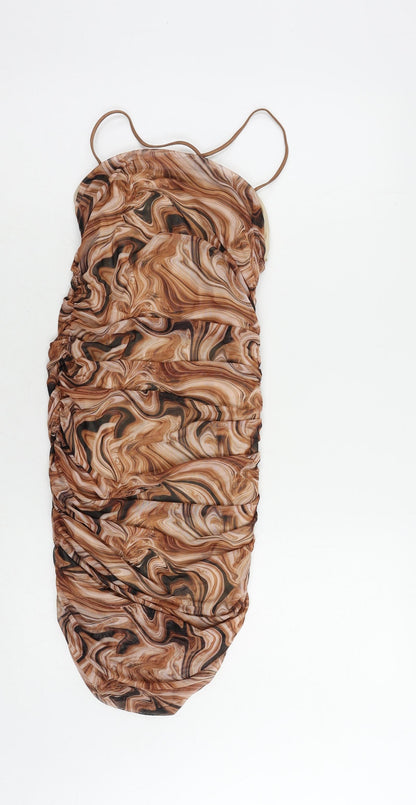 Quiz Womens Brown Geometric Polyester Bodycon Size 10 Square Neck - Ruched