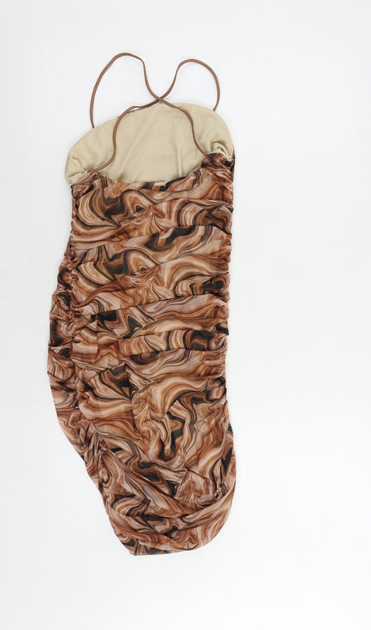 Quiz Womens Brown Geometric Polyester Bodycon Size 10 Square Neck - Ruched