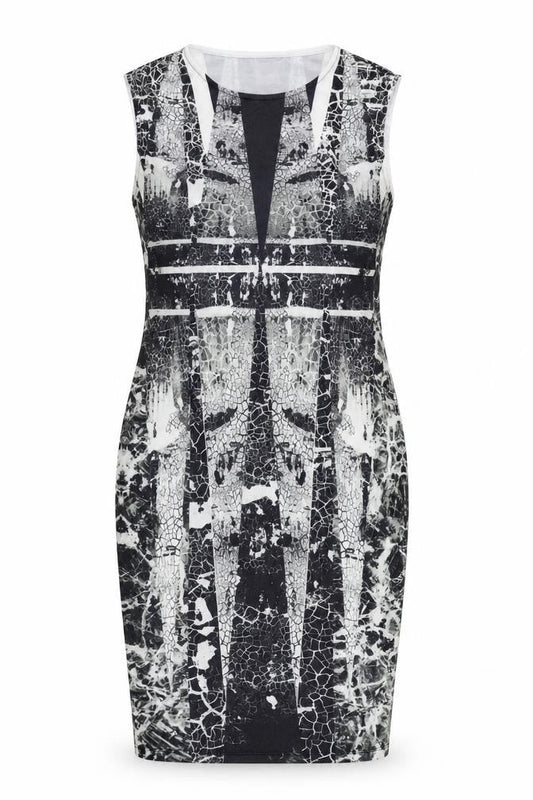 Front view of ASOS women’s grey geometric polyester pencil dress, size UK 12, round neck pullover
