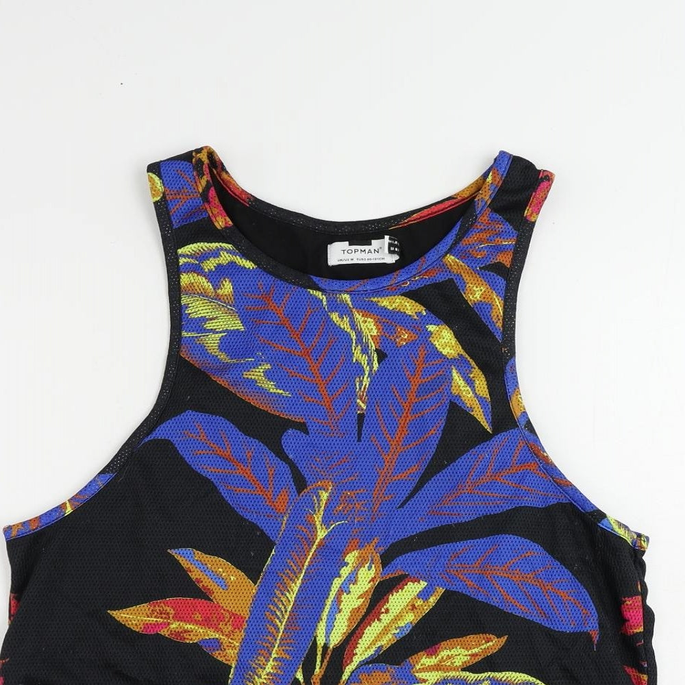 Topman Mens Black Geometric Polyester T-Shirt Size M Round Neck