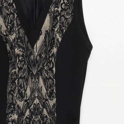 Warehouse Womens Black Paisley Cotton Mini Size 8 V-Neck Zip