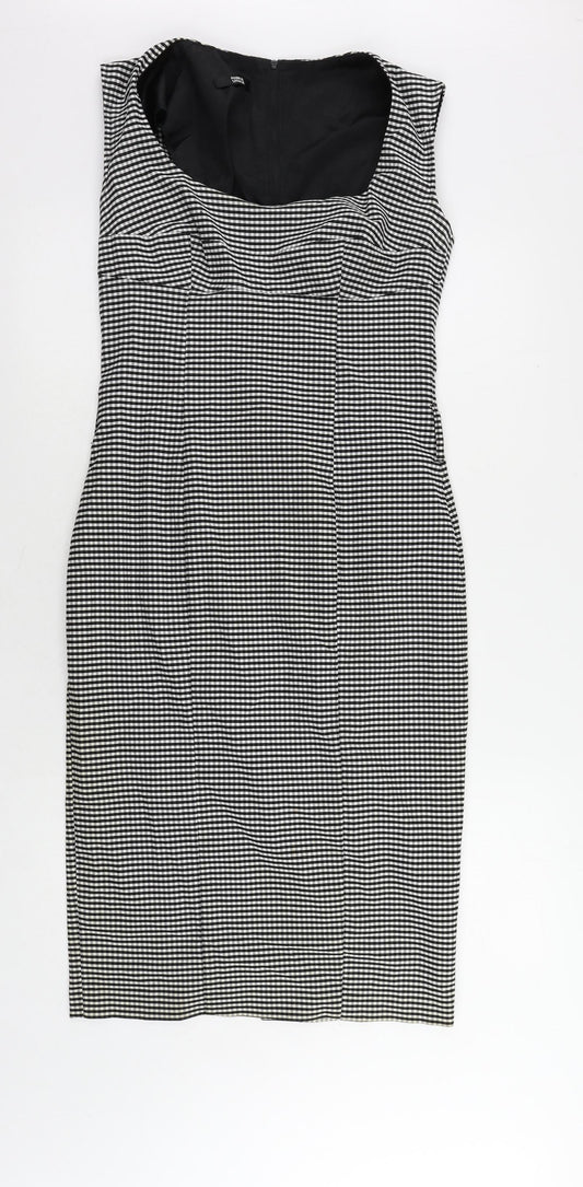 Marks and Spencer Womens Black Check Polyester Pencil Dress Size 12 Boat Neck Zip