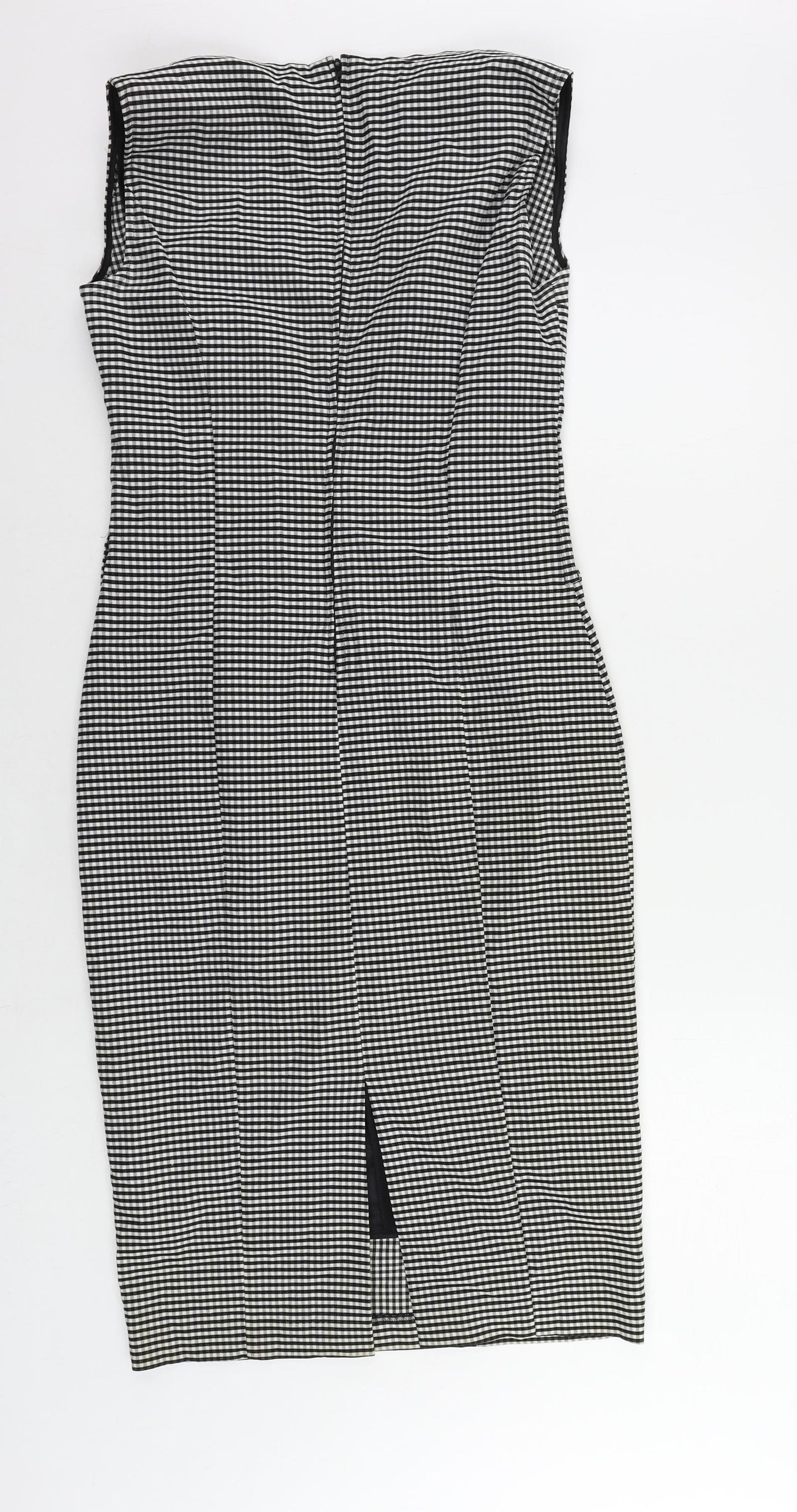 Marks and Spencer Womens Black Check Polyester Pencil Dress Size 12 Boat Neck Zip