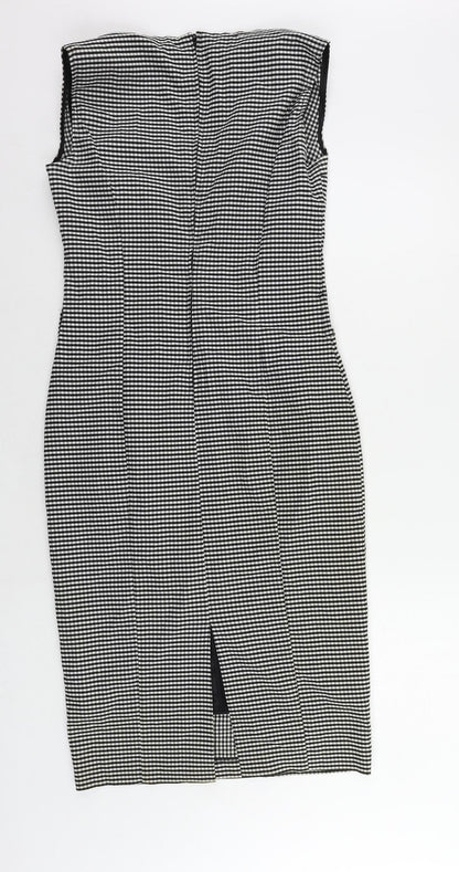 Marks and Spencer Womens Black Check Polyester Pencil Dress Size 12 Boat Neck Zip