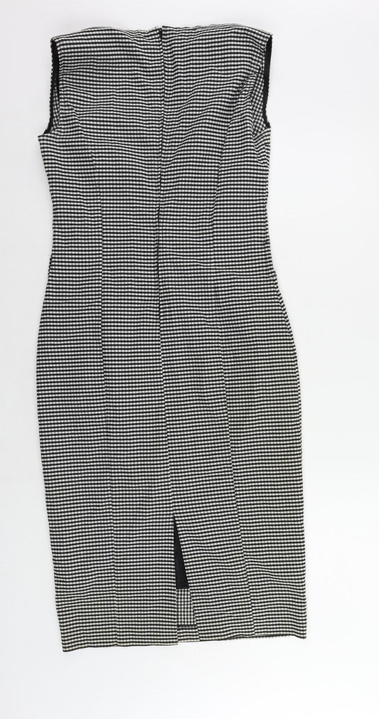 Marks and Spencer Womens Black Check Polyester Pencil Dress Size 12 Boat Neck Zip