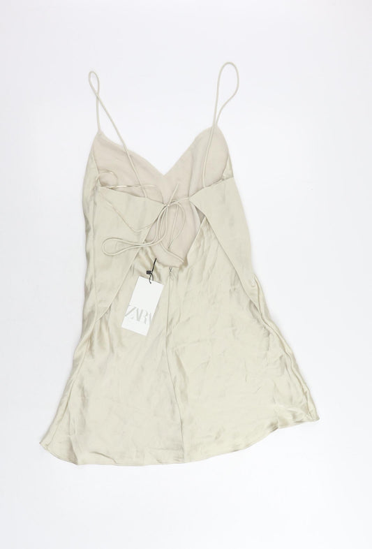 Zara Womens Beige Polyester Slip Dress Size S V-Neck Zip