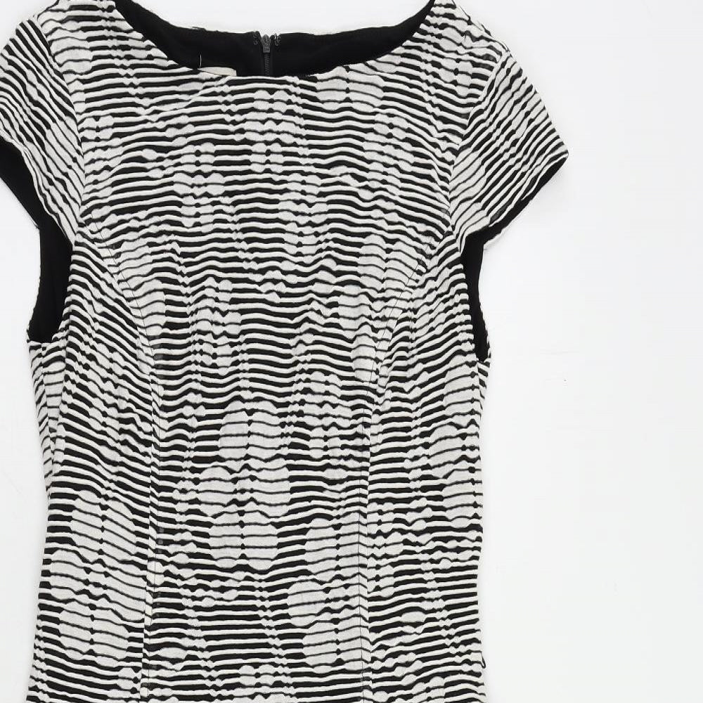 Anne Klein Womens Black Striped Viscose Fit & Flare Size 8 Boat Neck Zip