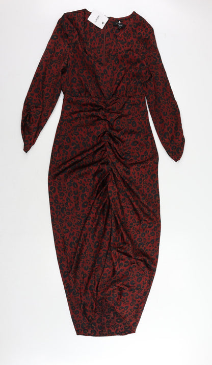 NEXT Womens Red Animal Print Polyester Sheath Size 6 V-Neck Zip - Ruched
