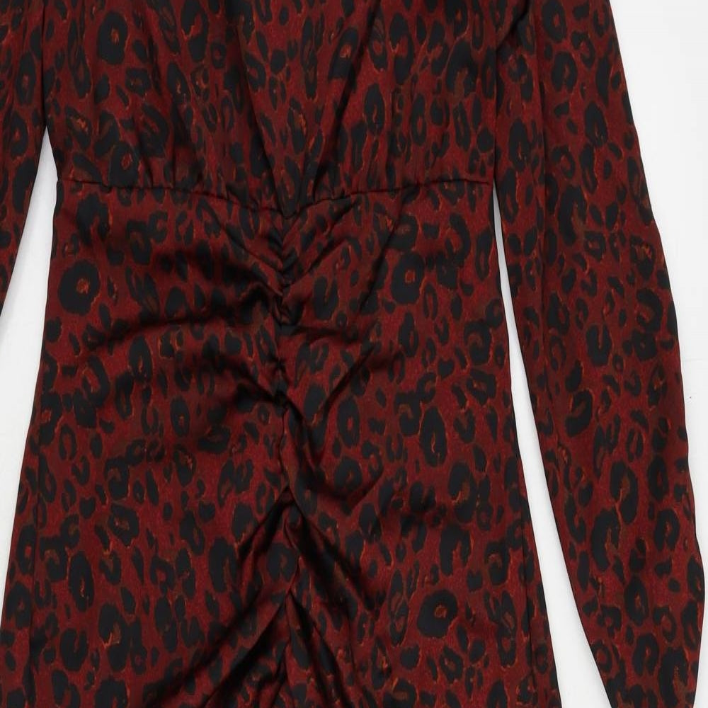 NEXT Womens Red Animal Print Polyester Sheath Size 6 V-Neck Zip - Ruched