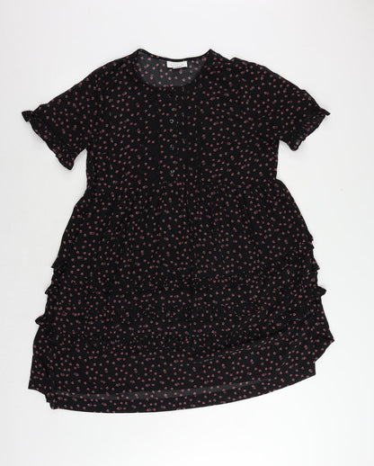 Topshop Womens Black Floral Polyester A-Line Size 10 Round Neck Button - Ruffle
