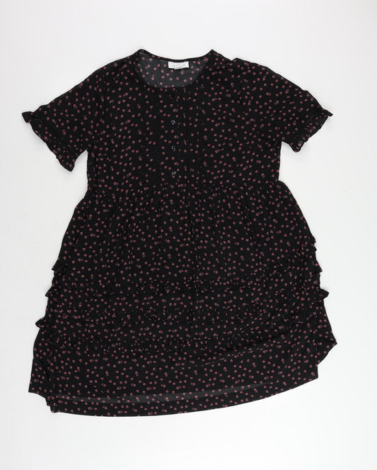 Topshop Womens Black Floral Polyester A-Line Size 10 Round Neck Button - Ruffle