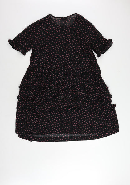 Topshop Womens Black Floral Polyester A-Line Size 10 Round Neck Button - Ruffle