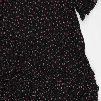 Topshop Womens Black Floral Polyester A-Line Size 10 Round Neck Button - Ruffle