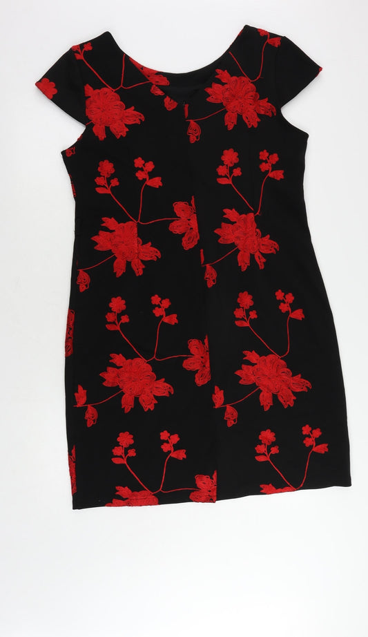 Smashed Lemon Womens Black Floral Viscose Pencil Dress Size 16 Boat Neck Zip - Embroidered