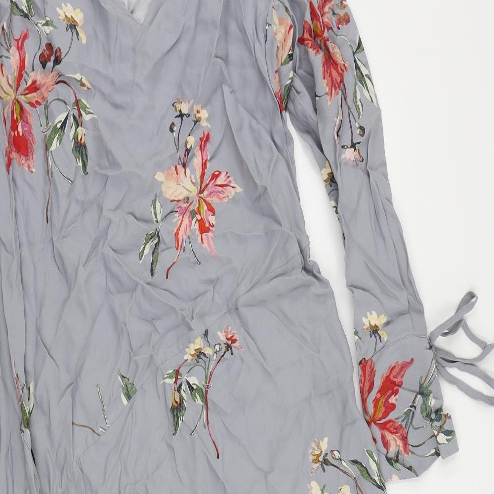Modern Rarity Womens Grey Floral Viscose A-Line Size 8 V-Neck - Asymmetric