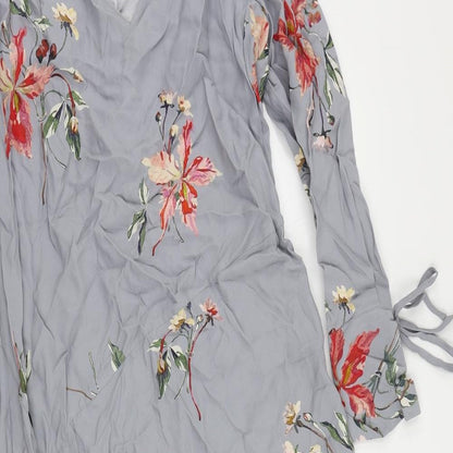 Modern Rarity Womens Grey Floral Viscose A-Line Size 8 V-Neck - Asymmetric