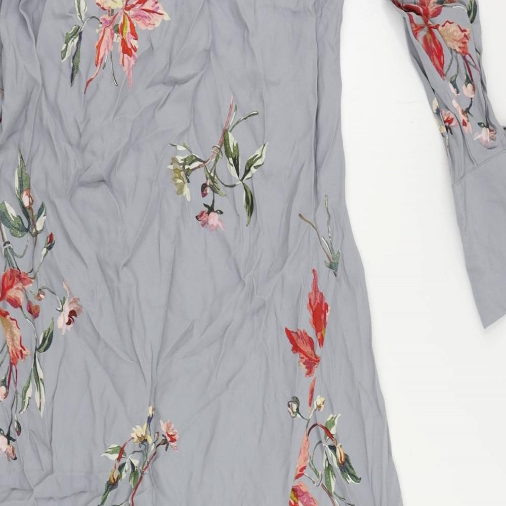 Modern Rarity Womens Grey Floral Viscose A-Line Size 8 V-Neck - Asymmetric