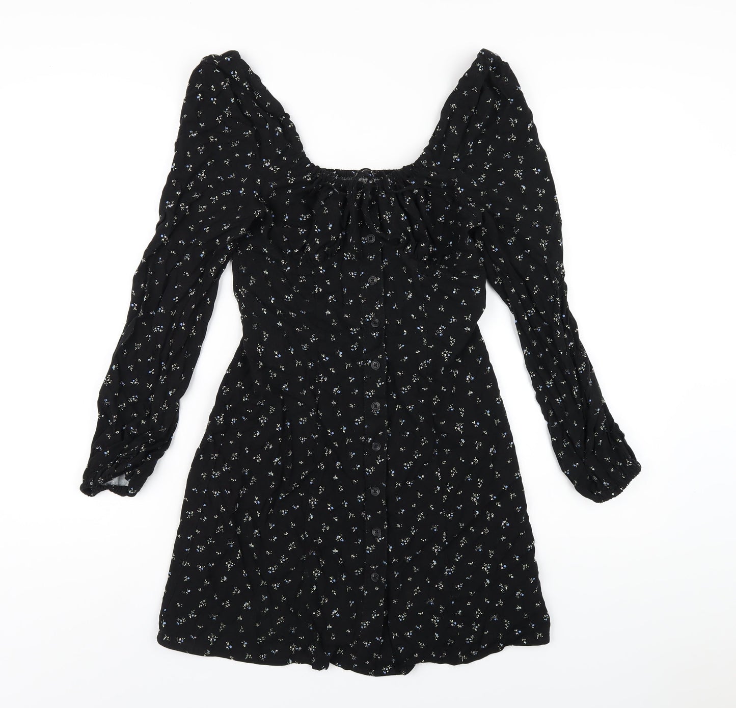 Urban Outfitters Womens Black Floral Viscose A-Line Size XS Square Neck Button